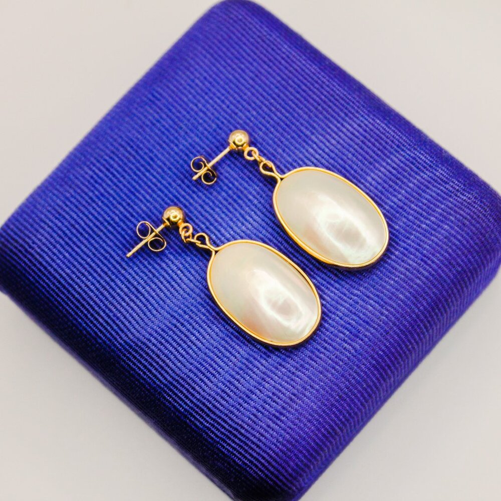 Vintage 14K Yellow Gold Mabe Pearl Oval Dangle Drop Earrings Signed